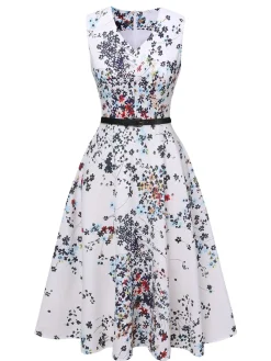 Best Retro Stage 1940s V-Neck Floral Belted Sleeveless Dress White