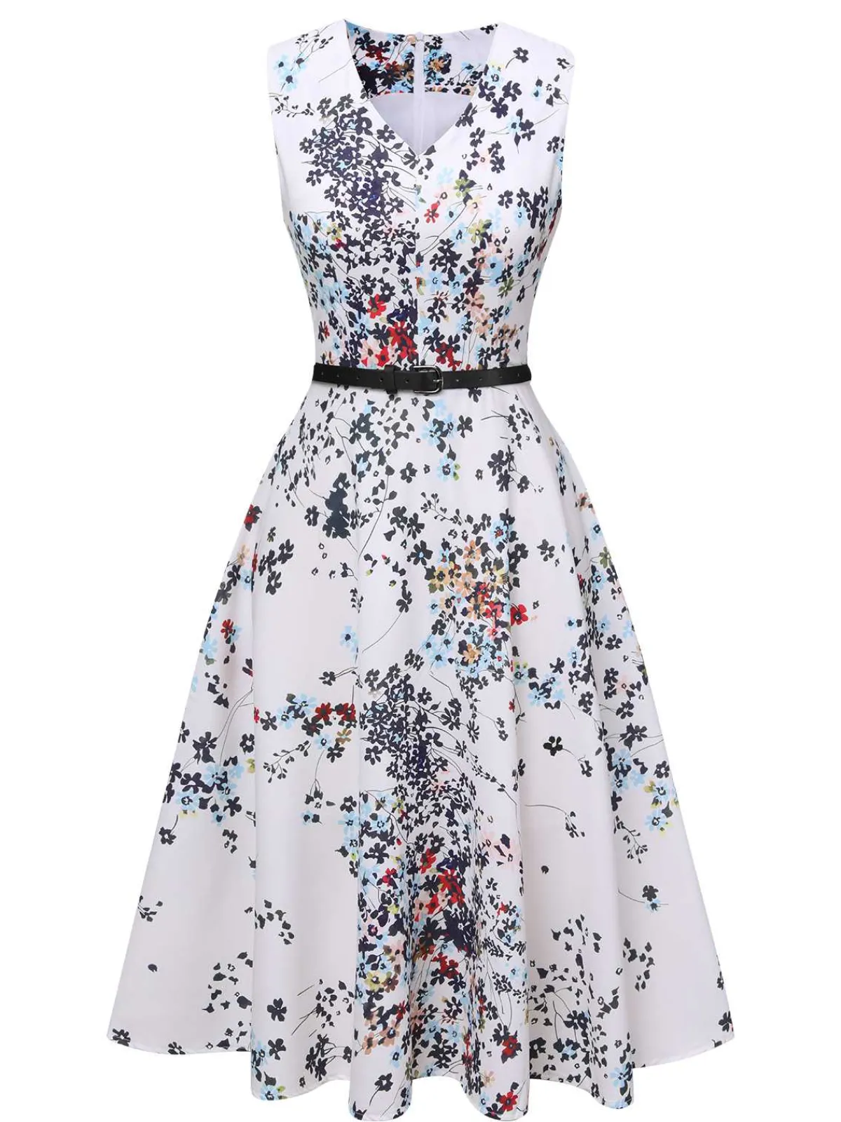 Best Retro Stage 1940s V-Neck Floral Belted Sleeveless Dress White