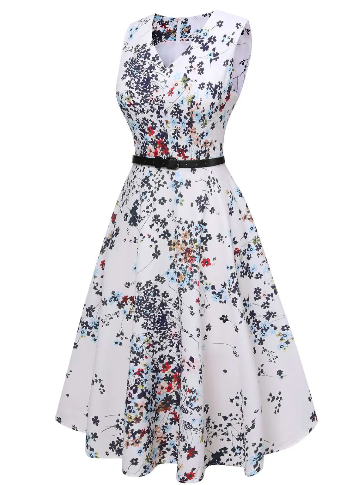 Best Retro Stage 1940s V-Neck Floral Belted Sleeveless Dress White