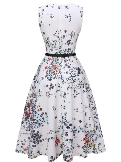 Best Retro Stage 1940s V-Neck Floral Belted Sleeveless Dress White