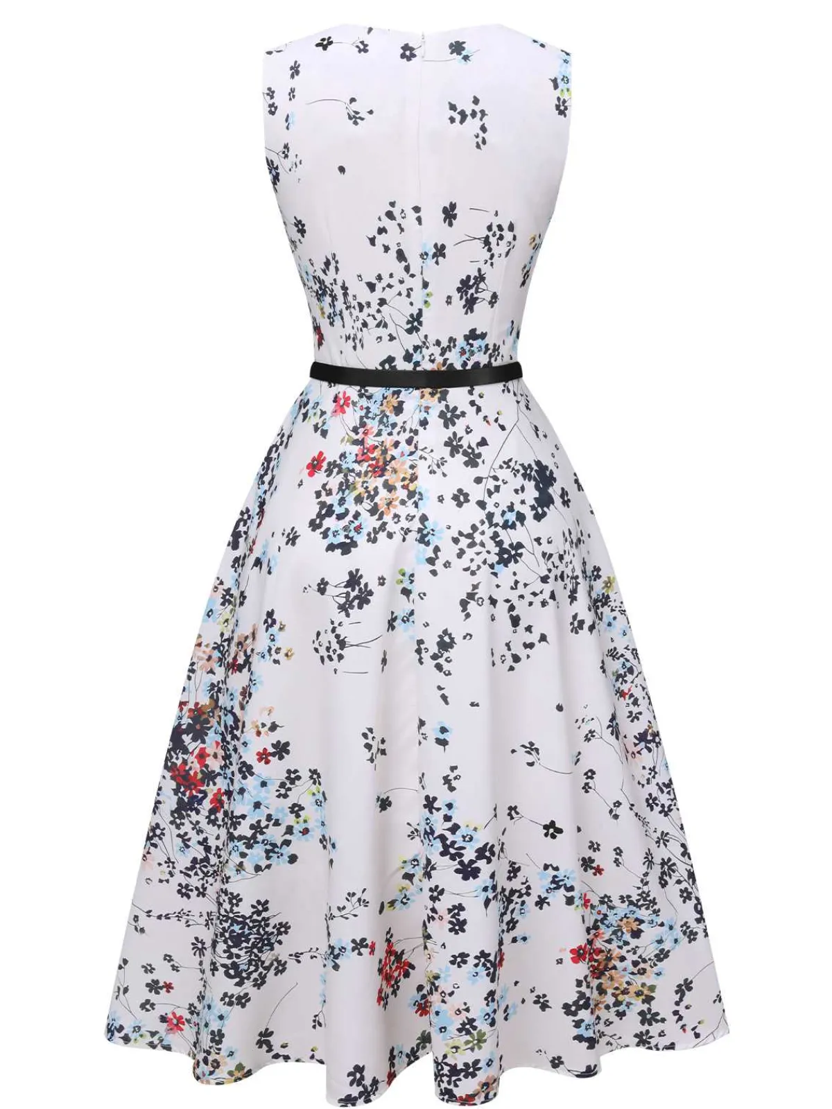 Best Retro Stage 1940s V-Neck Floral Belted Sleeveless Dress White