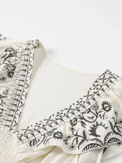 Discount Retro Stage 1970s V-Neck Floral Boho Ruffles Dress White