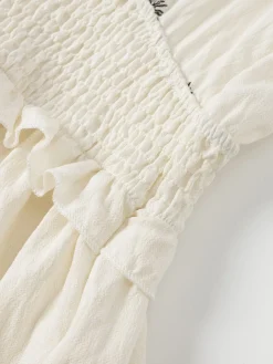 Discount Retro Stage 1970s V-Neck Floral Boho Ruffles Dress White