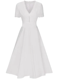Hot Retro Stage 1940s V-Neck Lace Patchwork Dress White