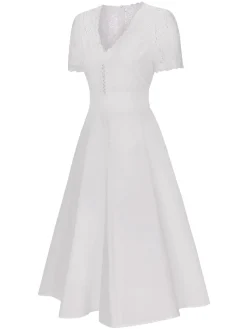 Hot Retro Stage 1940s V-Neck Lace Patchwork Dress White