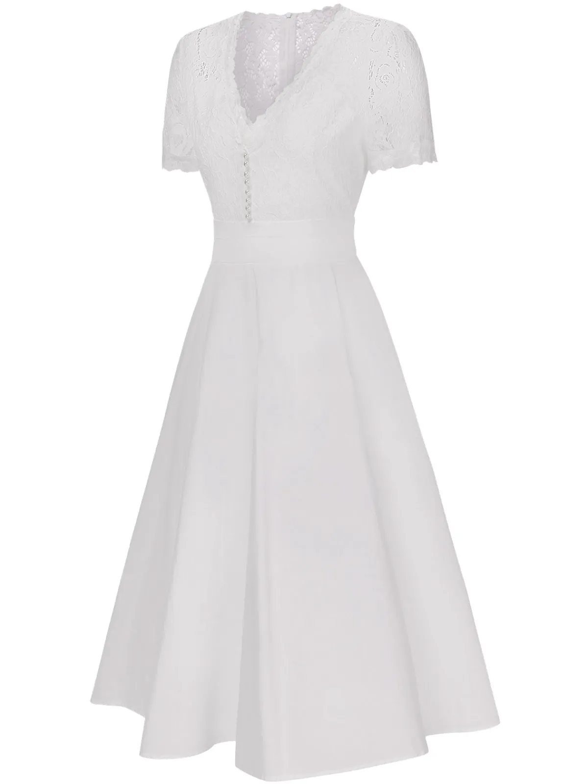 Hot Retro Stage 1940s V-Neck Lace Patchwork Dress White