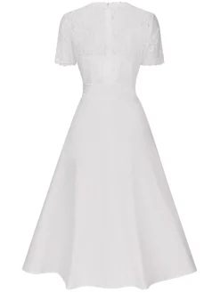 Hot Retro Stage 1940s V-Neck Lace Patchwork Dress White