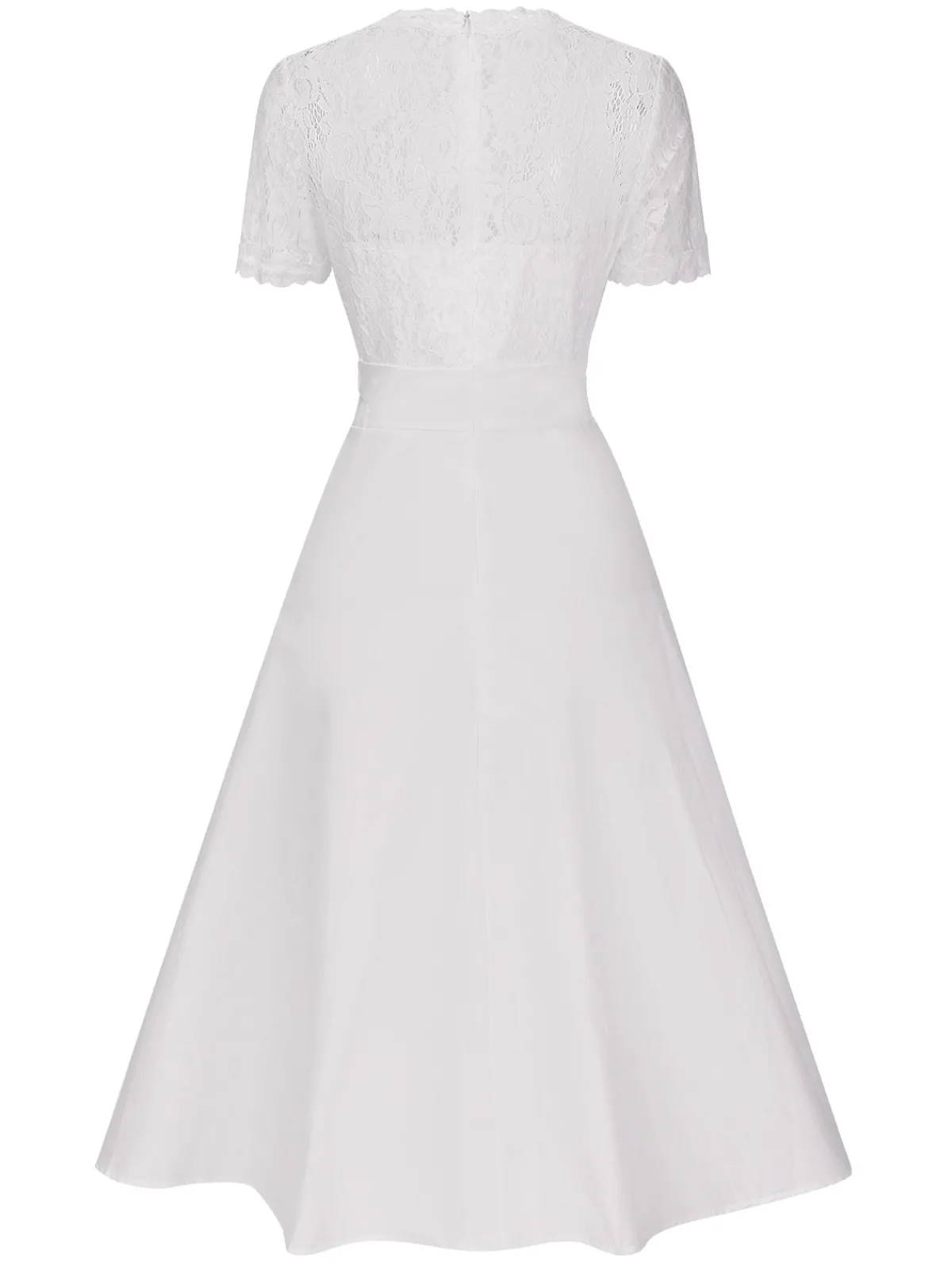 Hot Retro Stage 1940s V-Neck Lace Patchwork Dress White
