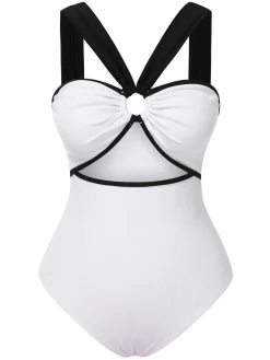 Fashion Retro Stage 1950s Waist Cutout Colorblock One-Piece Swimsuit White