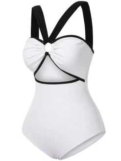 Fashion Retro Stage 1950s Waist Cutout Colorblock One-Piece Swimsuit White
