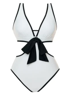 Outlet Retro Stage 1950s Waist Hollow Binding Bow Swimsuit White