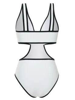 Outlet Retro Stage 1950s Waist Hollow Binding Bow Swimsuit White
