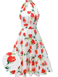 Outlet Retro Stage 1950s Watercolor Rose Halter Dress White