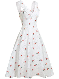 New Retro Stage Satin-faux Cherry Polka Dot Dress White