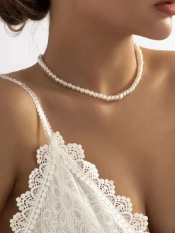 Online Retro Stage White Vintage Pearl Back Drop Chain Necklace