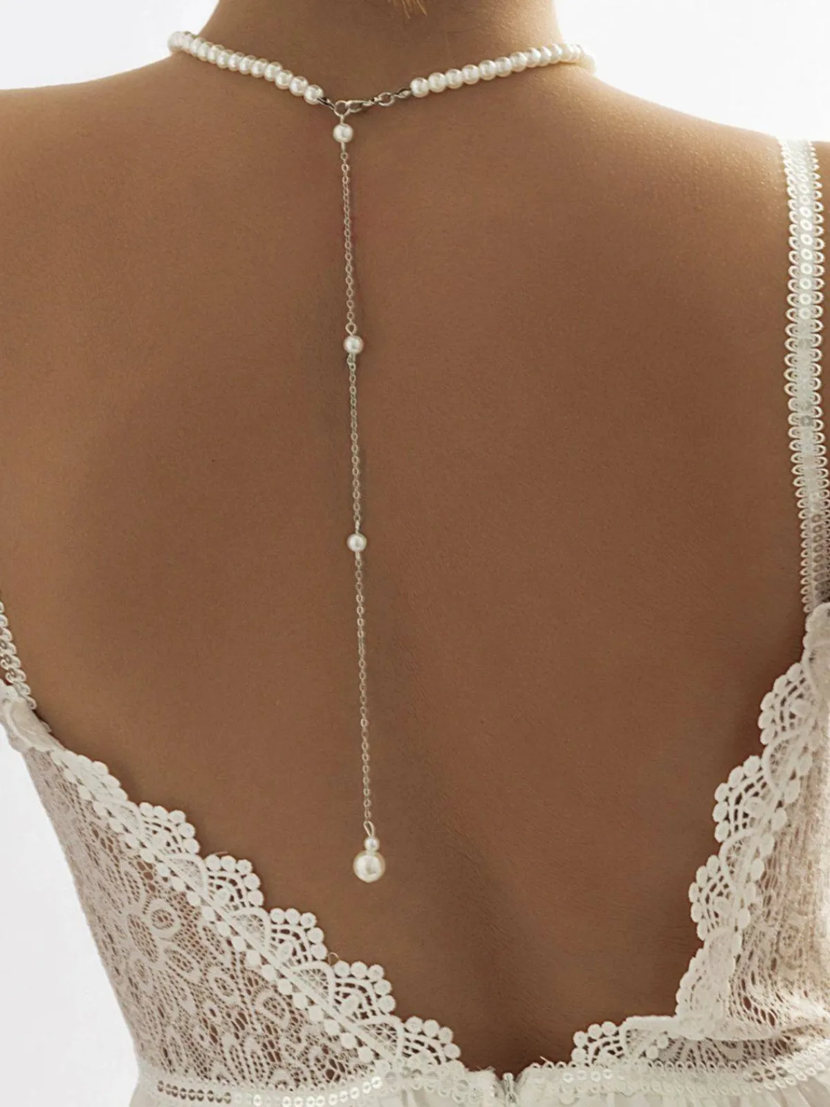 Online Retro Stage White Vintage Pearl Back Drop Chain Necklace
