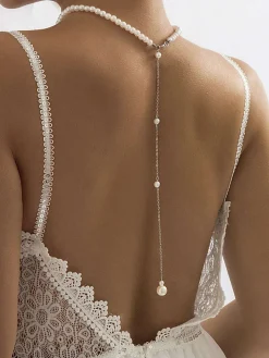 Online Retro Stage White Vintage Pearl Back Drop Chain Necklace