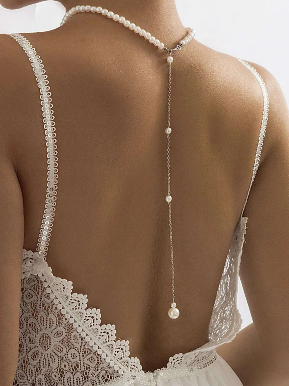 Online Retro Stage White Vintage Pearl Back Drop Chain Necklace