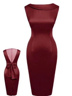 Best Retro Stage 1960s Back Bowknot Pencil Dress Wine Red
