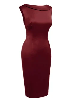 Best Retro Stage 1960s Back Bowknot Pencil Dress Wine Red