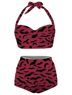 Outlet Retro Stage 1950s Bat Print Lace-Up Halter Swimsuit Wine Red