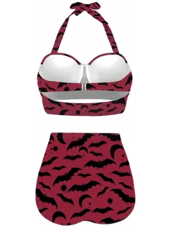 Outlet Retro Stage 1950s Bat Print Lace-Up Halter Swimsuit Wine Red