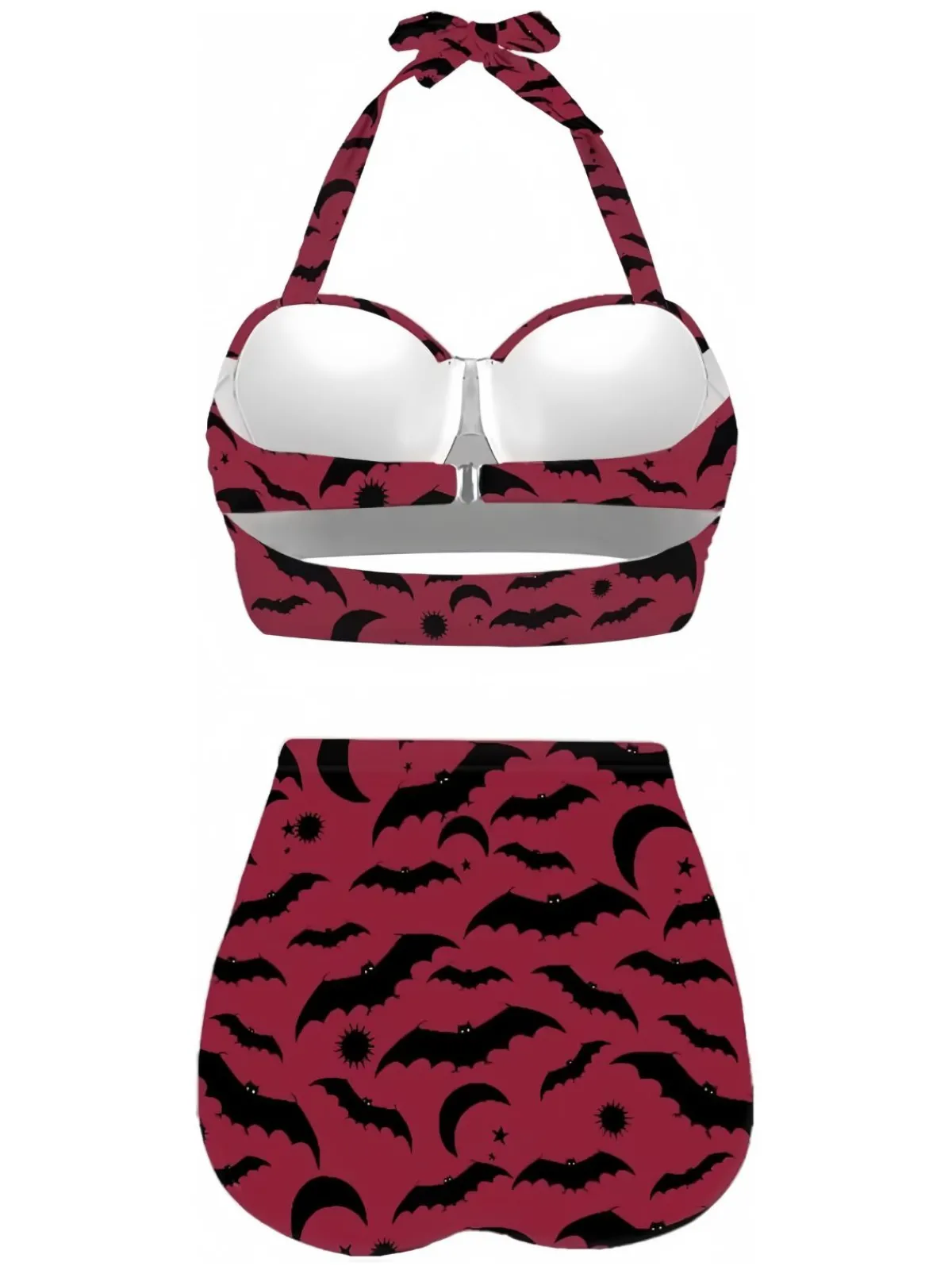 Outlet Retro Stage 1950s Bat Print Lace-Up Halter Swimsuit Wine Red