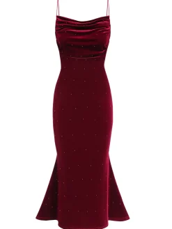 Clearance Retro Stage 1930s Beaded Velvet Sling Fishtail Dress Wine Red