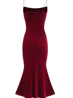 Clearance Retro Stage 1930s Beaded Velvet Sling Fishtail Dress Wine Red