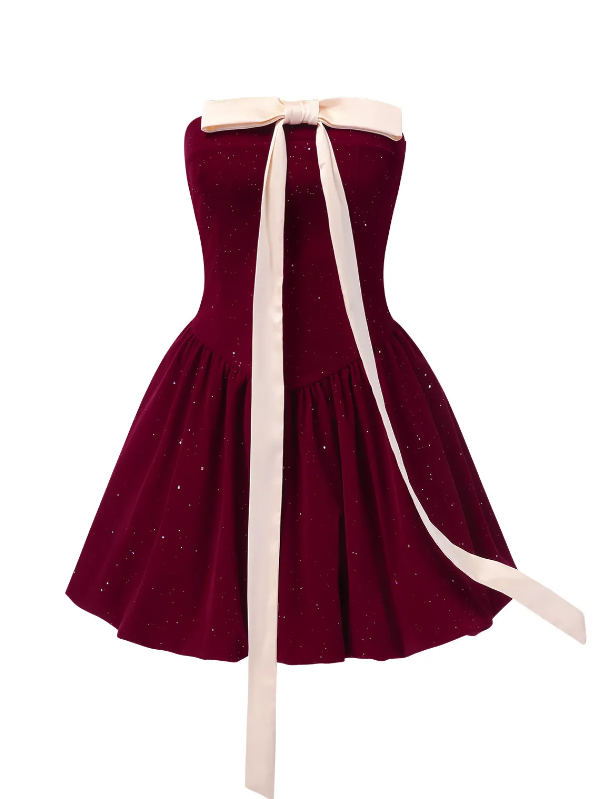 Online Retro Stage 1980s Bow Glitter Tube Top Dress Wine Red