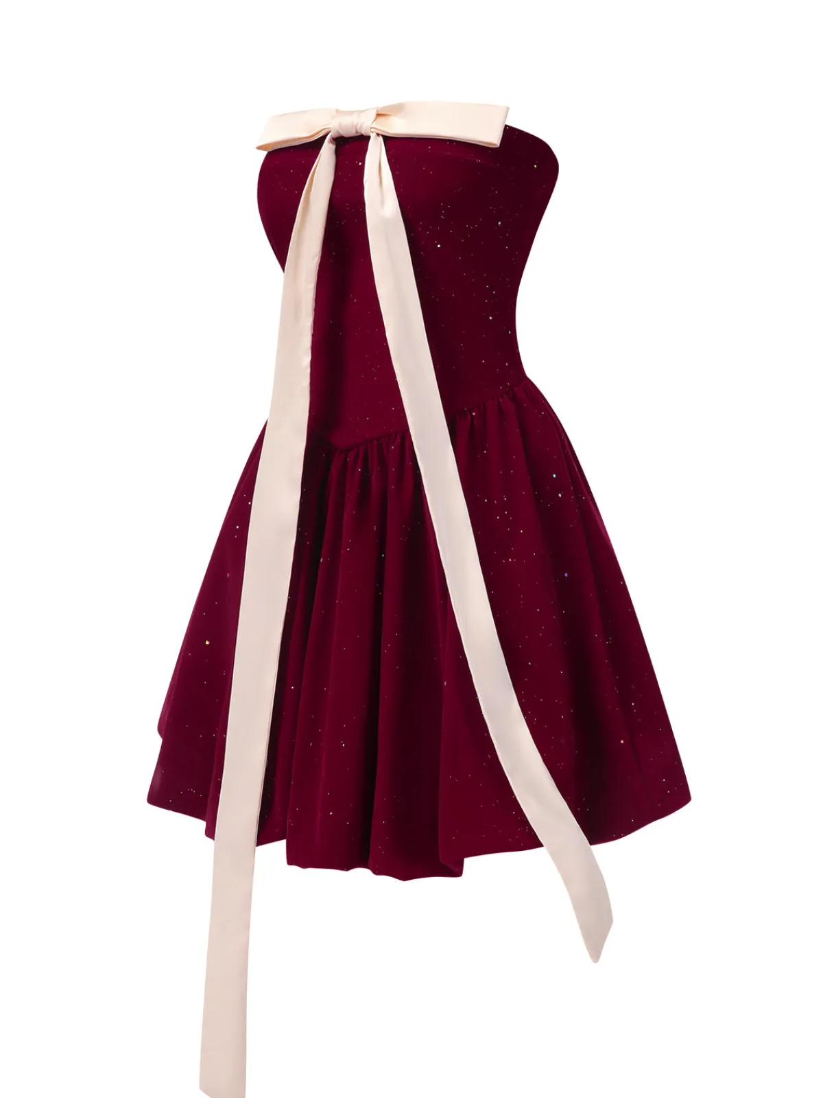 Online Retro Stage 1980s Bow Glitter Tube Top Dress Wine Red