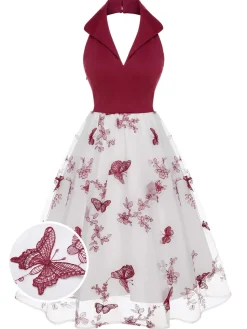 Best Retro Stage 1950s Butterfly Lapel Mesh Dress Wine Red
