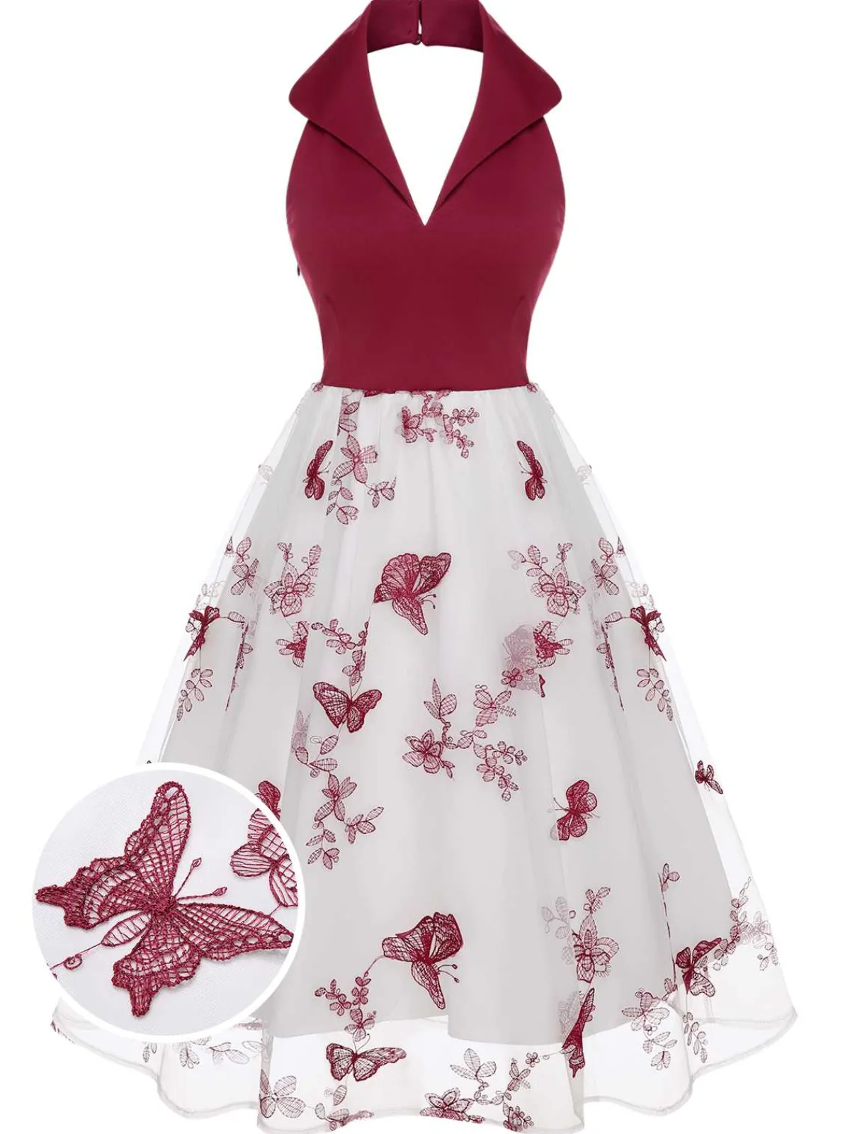 Best Retro Stage 1950s Butterfly Lapel Mesh Dress Wine Red