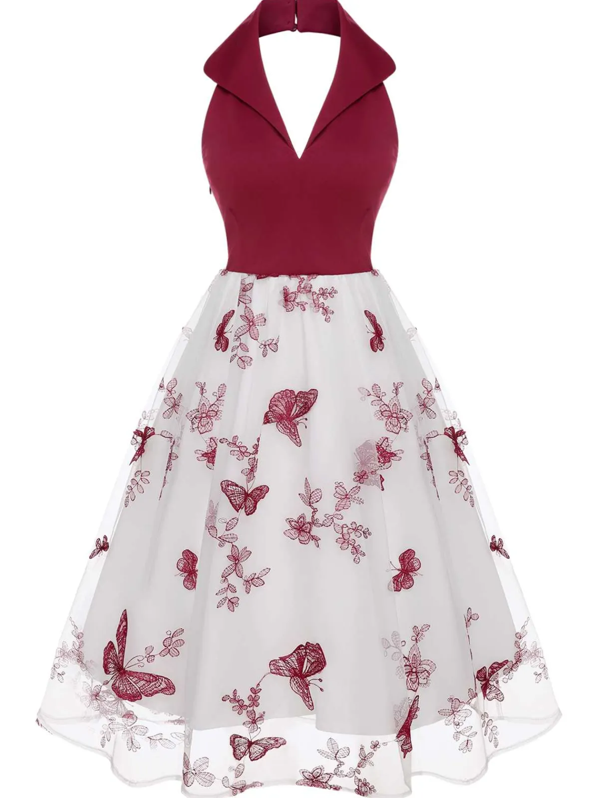 Best Retro Stage 1950s Butterfly Lapel Mesh Dress Wine Red