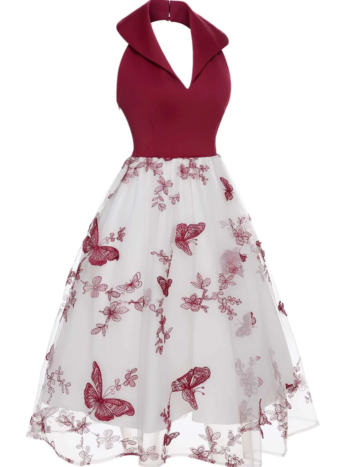 Best Retro Stage 1950s Butterfly Lapel Mesh Dress Wine Red