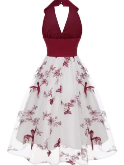 Best Retro Stage 1950s Butterfly Lapel Mesh Dress Wine Red