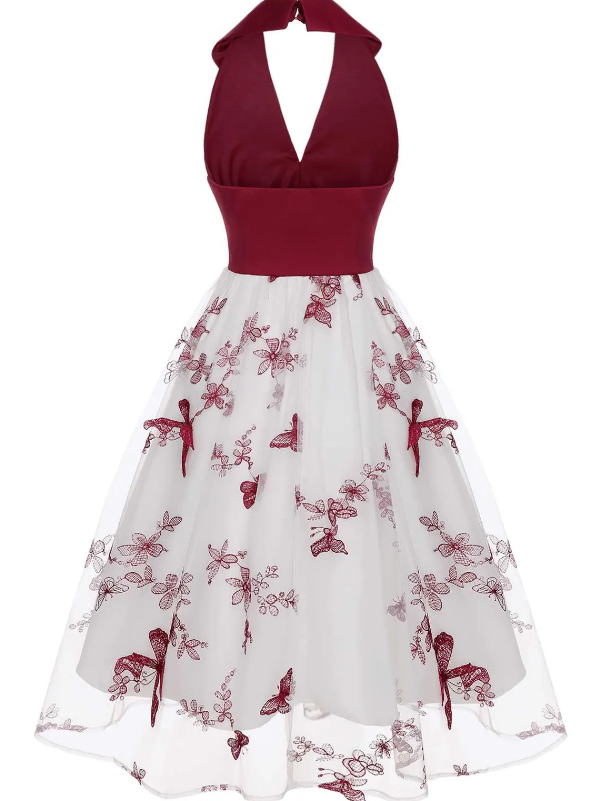 Best Retro Stage 1950s Butterfly Lapel Mesh Dress Wine Red