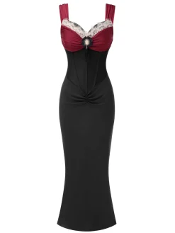 Hot Retro Stage 1930s Contrast Fishbone Mermaid Dress Wine Red