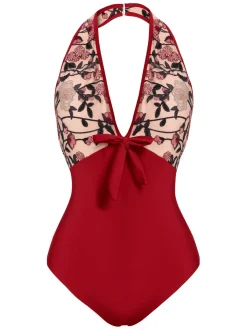 Best Retro Stage 1950s Floral Backless Swimsuit Wine Red