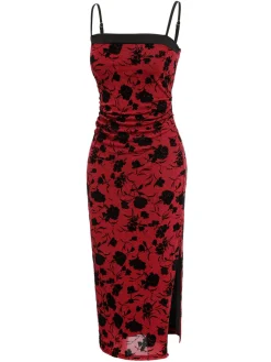 Online Retro Stage 1960s Floral Spaghetti Strap Dress Wine Red