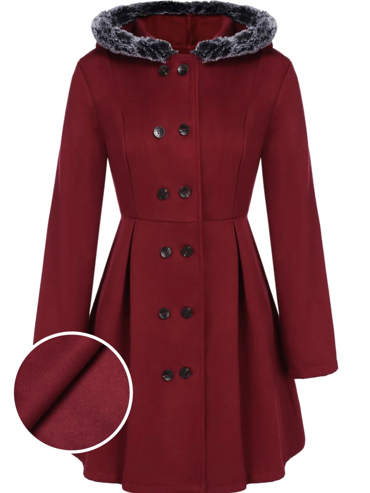 New Retro Stage 1950s Fur Collar Hooded Coat Wine Red