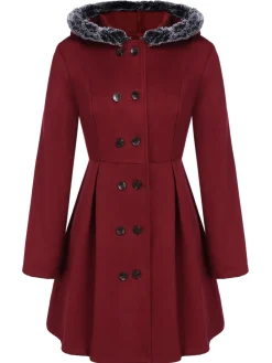 New Retro Stage 1950s Fur Collar Hooded Coat Wine Red