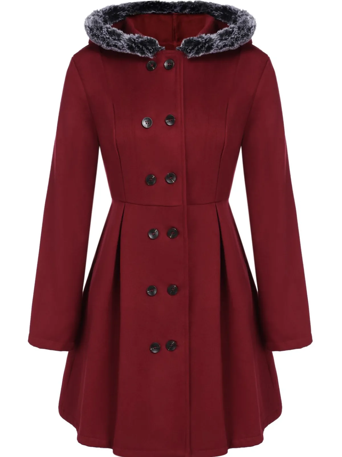 New Retro Stage 1950s Fur Collar Hooded Coat Wine Red