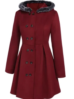 New Retro Stage 1950s Fur Collar Hooded Coat Wine Red