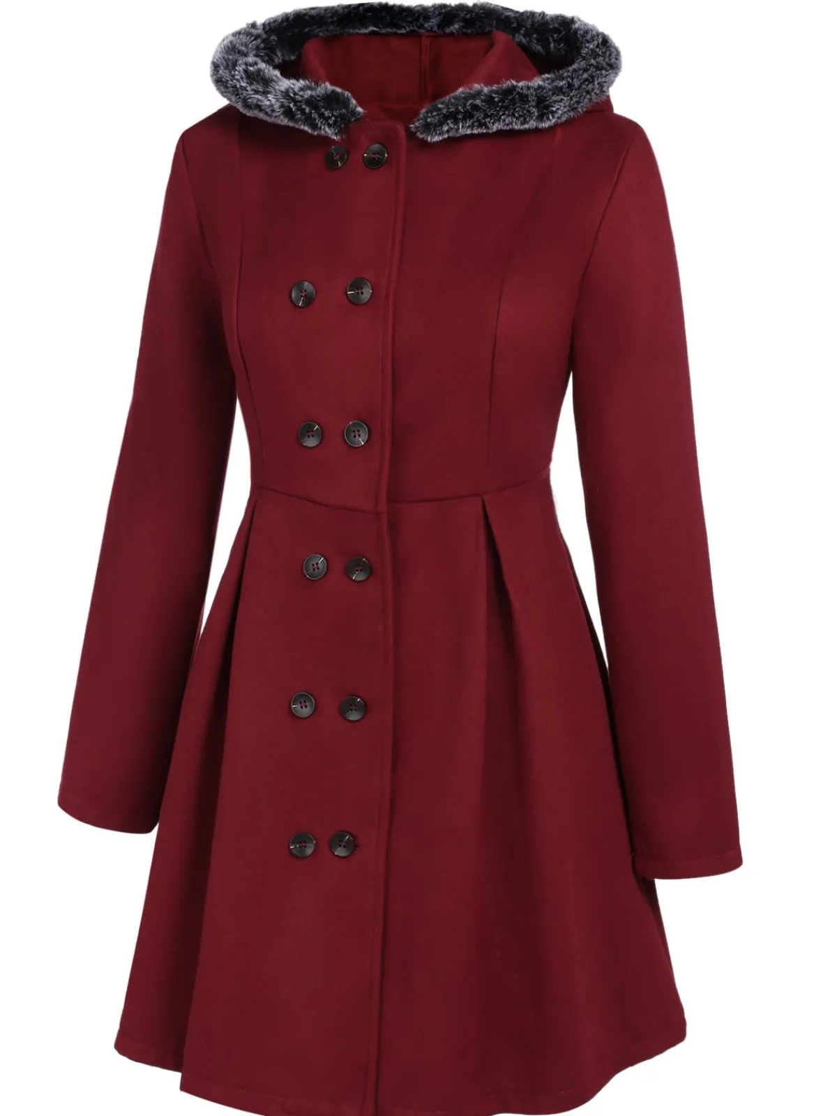 New Retro Stage 1950s Fur Collar Hooded Coat Wine Red