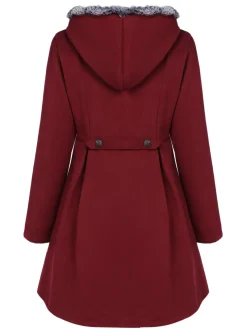 New Retro Stage 1950s Fur Collar Hooded Coat Wine Red