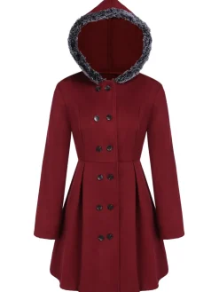 New Retro Stage 1950s Fur Collar Hooded Coat Wine Red