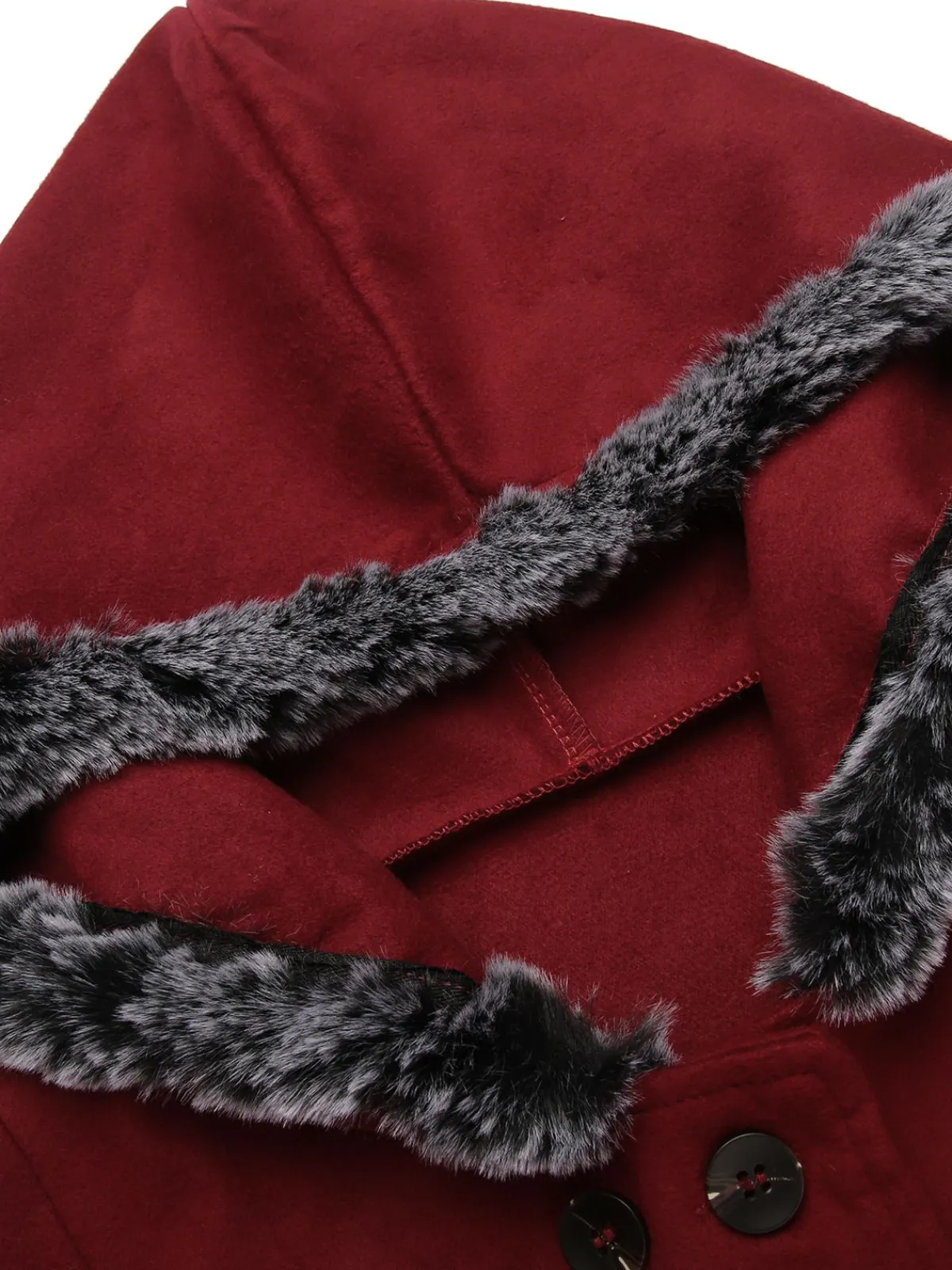 New Retro Stage 1950s Fur Collar Hooded Coat Wine Red