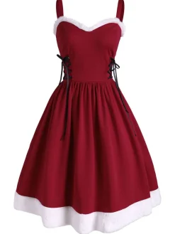 Discount Retro Stage Wine 1950s Furry Swing Dress Red
