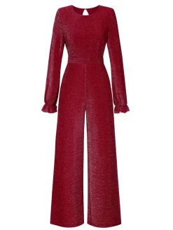 Clearance Retro Stage 1930s Glitter Backless Wide-Leg Jumpsuit Wine Red